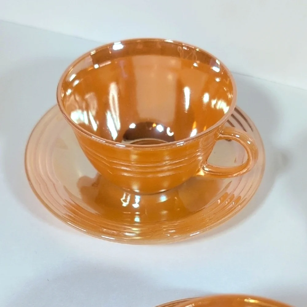 Fire King Set of Three Lustre Teacups with Saucers Vintage